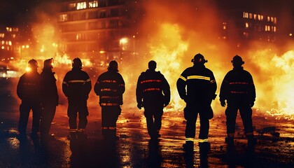 Firefighters stand vigil at a raging inferno.