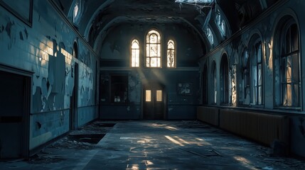 Fototapeta premium Sunlight streams through cracked windows in an abandoned building's desolate interior