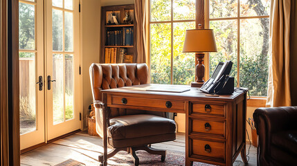 Modern home office with laptop with blank screen, Luxury work room. Bright expansive interior.