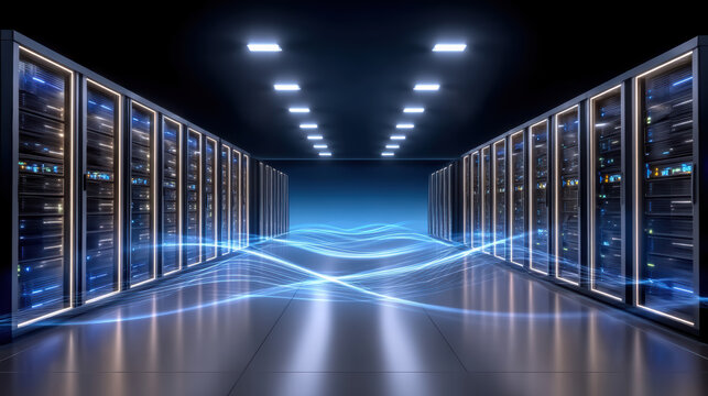 Network security concept with server room and glowing data flow lines in modern data center with blue light