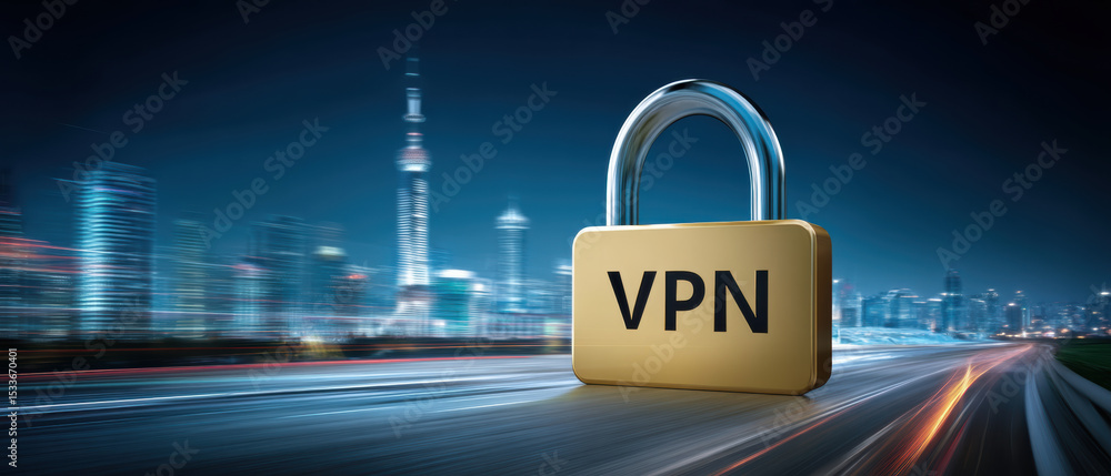 Poster virtual private network security concept with padlock on blurred city background showing fast intern