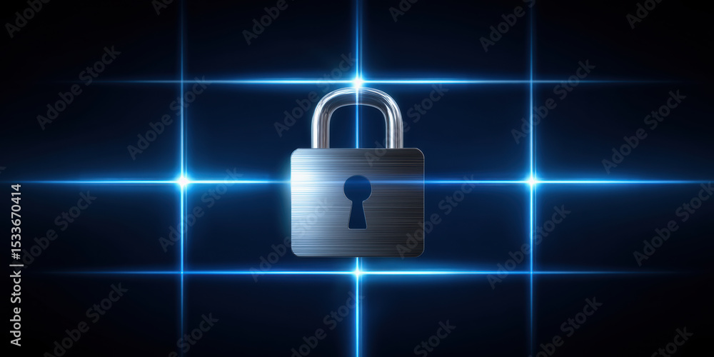 Poster network security concept with metallic padlock and glowing blue grid lines on dark background symbol