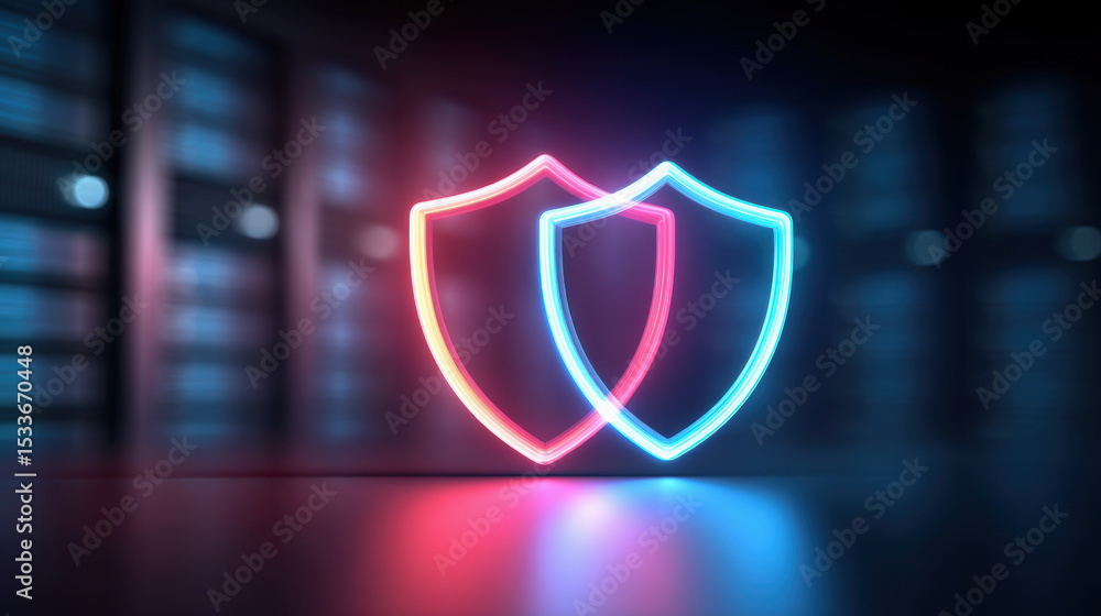 Poster two glowing neon shields symbolize network security protection in dark server room with blue and red