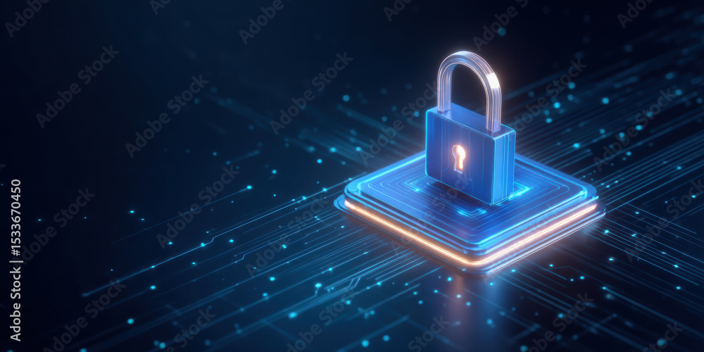 Poster network security concept with glowing padlock on digital circuit board symbolizing data protection a