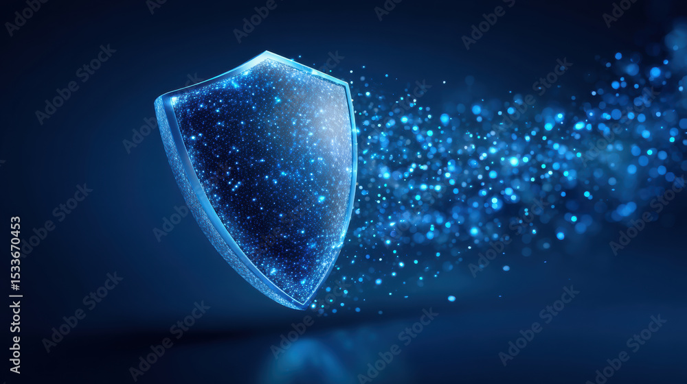 Poster network security concept with glowing shield symbol protecting data in digital space with blue parti