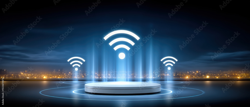 Poster wireless network security concept with wifi signal icon and digital blue light on dark background at