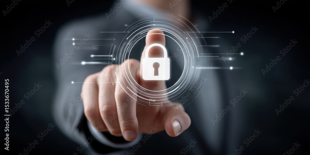 Poster network security concept with person pointing at digital lock icon symbolizing protection and secure