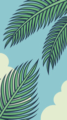 Fototapeta premium Tropical palm leaves artwork with light blue sky and white clouds background illustration