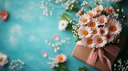 Gift Box and Flower Bouquet on Blue Background – Spring Holiday Flat Lay with Copy Space