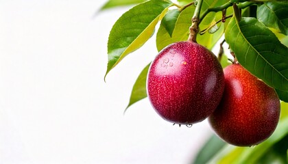 Passion fruit hanging on a tree. using macro technique. white background. copy space