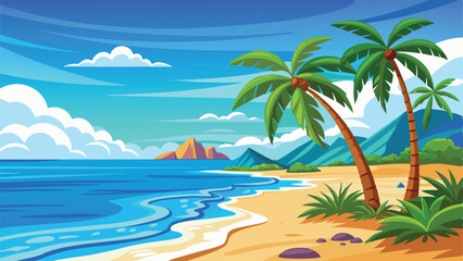 Obraz premium Tropical paradise beach scene featuring palm trees and calm ocean waters with mountains