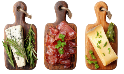 Assorted cheeses and cured meats on wooden cutting boards