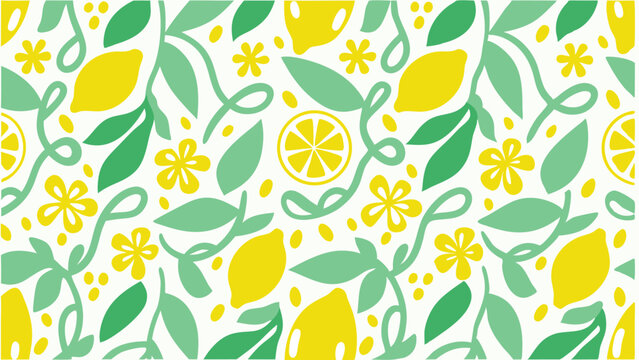 Seamless pattern with lemons, flowers, leaves and abstract swirls on a white background surface design