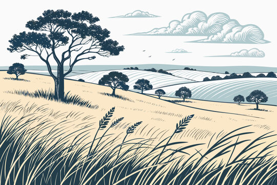 Create a bold vector illustration of a prairie landscape with tall grasses, a vibrant sunset, and a minimalist, stylized aesthetic.