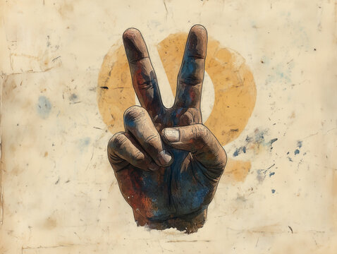 Naklejki peace hand sign, two finger gesture, grunge style art on paper texture