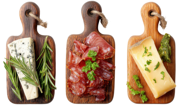 Assorted cheeses and cured meats on wooden cutting boards