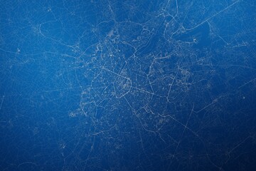 Stylized map of the streets of Brussels (Belgium) made with white lines on abstract blue background lit by two lights. Top view. 3d render, illustration