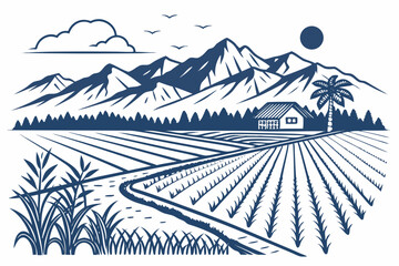 Create a bold vector illustration of a rural rice paddy field landscape, showcasing lush green rice plants and distinct field lines.