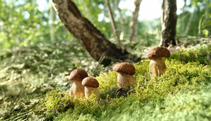 mushrooms of boletus edulis grow in forest, natural sunny background. Edible mushrooms brown cap boletus or porcini mushroom. harvest season, picking mushrooms