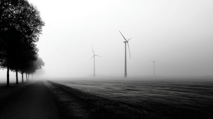 Forest lake in a morning fog. Wind farm, wind turbine generators. Clear blue sky, sunshine. Autumn landscape. Nature, ecology, alternative and renewable energy