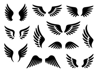 Collection of black wings graphic designs on white background