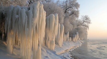Frozen icicles on snowy shore