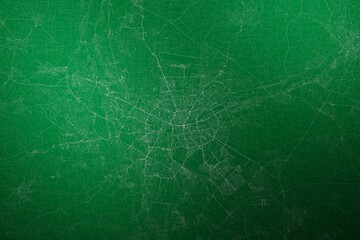 Map of the streets of Nuremberg (Germany) made with white lines on abstract green background lit by two lights. Top view. 3d render, illustration
