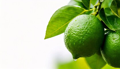 Lime on a tree. using macro technique. white background. copy space