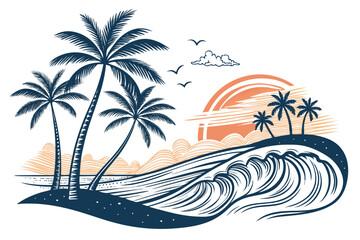 Create a bold vector illustration of a tropical beach scene featuring palm trees, vibrant water, and a prominent 'P' logo integrated seamlessly.