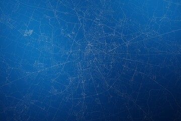 Stylized map of the streets of Padua (Italy) made with white lines on abstract blue background lit by two lights. Top view. 3d render, illustration