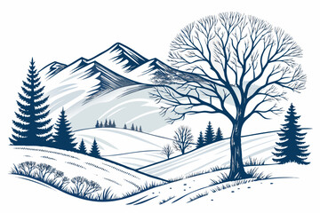 Create a bold vector illustration of a stark tundra landscape featuring minimalist forms, emphasizing strong lines and shapes.  Include a single, prominent element (1).