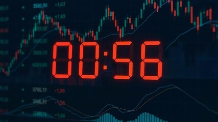 A close-up of a digital countdown timer set against a backdrop of financial market data. The vibrant colors and graphs signify urgency and the fast-paced nature of trading. - Powered by Adobe