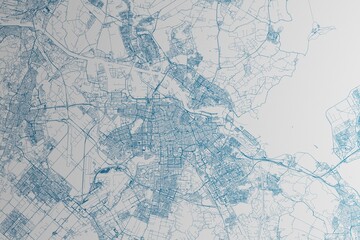 Map of the streets of Amsterdam (Netherlands) made with blue lines on white paper. 3d render, illustration