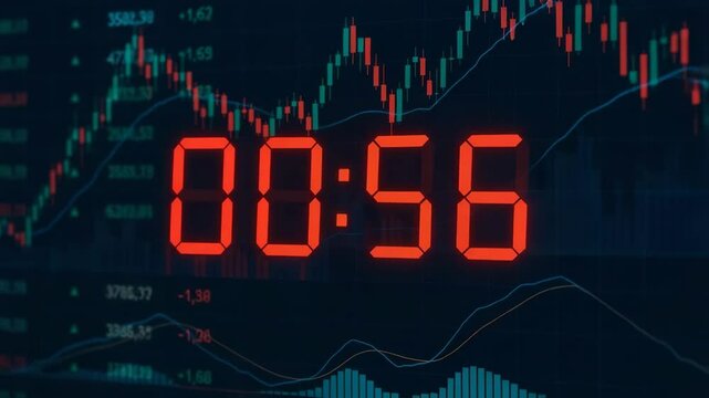 A close-up of a digital countdown timer set against a backdrop of financial market data. The vibrant colors and graphs signify urgency and the fast-paced nature of trading.