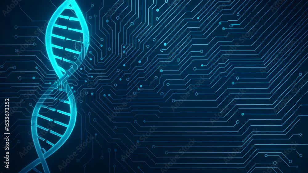 Poster a futuristic representation of dna spirals intertwined with circuit patterns, symbolizing the conver