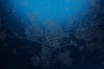 Street map of Utrecht (Netherlands) engraved on blue metal background. View with light coming from top. 3d render, illustration