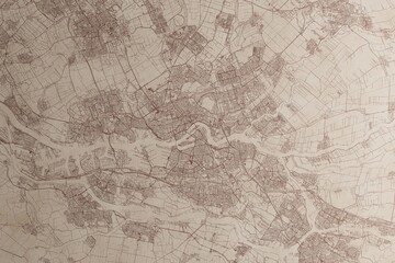Map of Rotterdam (Netherlands) on an old vintage sheet of paper. Retro style grunge paper with light coming from right. 3d render