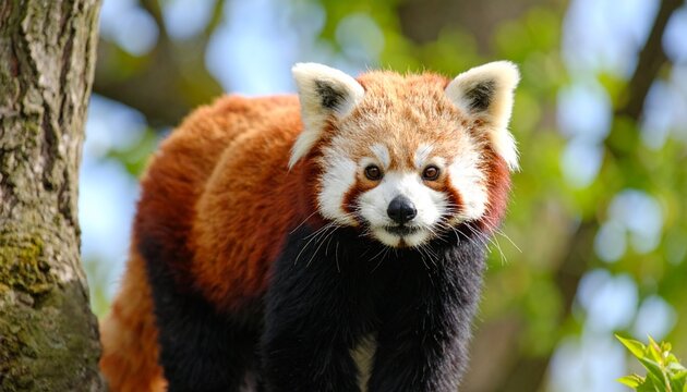 A red panda is standing and staring at you.