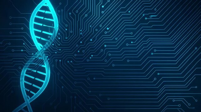 A futuristic representation of DNA spirals intertwined with circuit patterns, symbolizing the convergence of biology and technology in modern science and innovation.