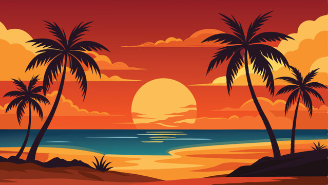 Tropical sunset beach scene vector illustration with palm trees and a warm color palette