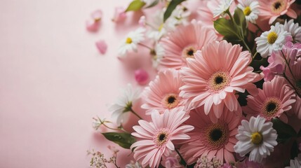 Beautiful Bouquet of Vibrant Pink Gerbera Flowers in Soft Light Background with Copy Space