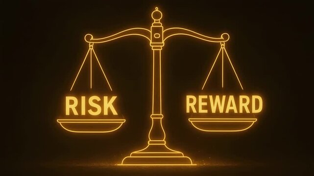 An illuminated scale balancing the concepts of risk and reward, symbolizing decision making and the relationship between potential gains and possible losses.