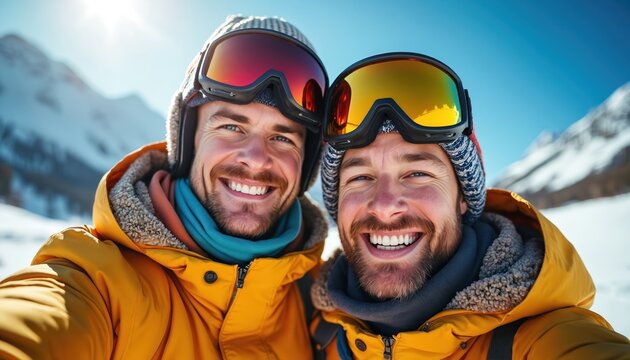 Two happy gay male snowboarders pose camera smiling at winter mountain resort. Men wear winter ski outfit with snow goggles. Winter holidays, vacation, active sport leisure in mountain snow