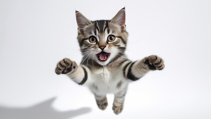 Obraz premium Playful Kitten Mid-Air Reaching Out with Paws and Open Mouth on White Backdrop