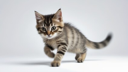 Obraz premium Adorable tabby kitten walking on a plain background with focused expression