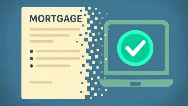 A digital representation of a mortgage document merging with a laptop screen, symbolizing the modern process of securing loans and managing home financing online.
