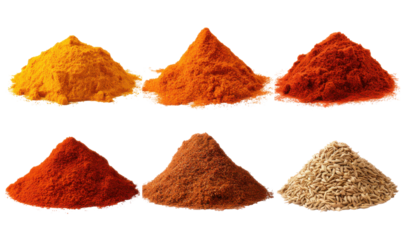 Colorful spice piles arranged in a grid
