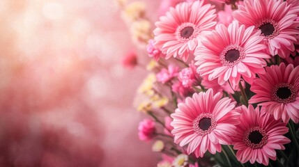 Beautiful Bouquet of Vibrant Pink Gerbera Flowers in Soft Light Background with Copy Space