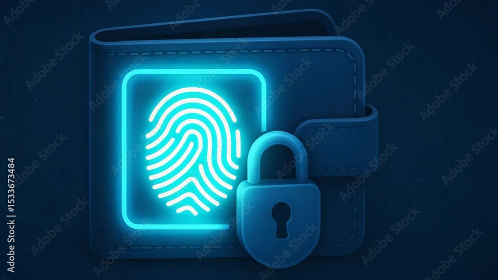 Poster a digital representation of an encrypted wallet featuring a glowing fingerprint and a lock, symboliz