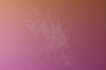 Map of the streets of Sucre (Bolivia) made with white lines on pinkish red gradient background. Top view. 3d render, illustration